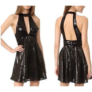 FREE PEOPLE BLACK SEQUIN HALTER FIT & FLARE MINI DRESS SIZE 4